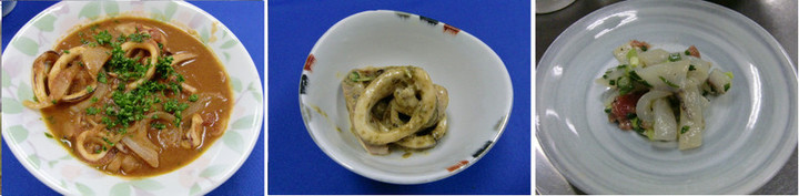 『スルメイカのワタごとトマト煮』・『スルメイカの海苔佃マヨサラダ』・『スルメイカのネギ梅ナムル』