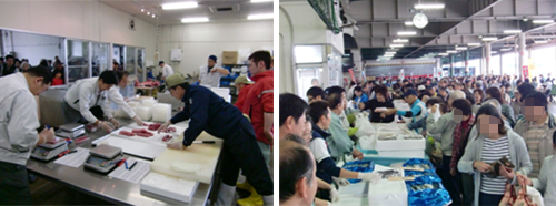 マグロ解体後の販売準備と水産物売り場の様子
